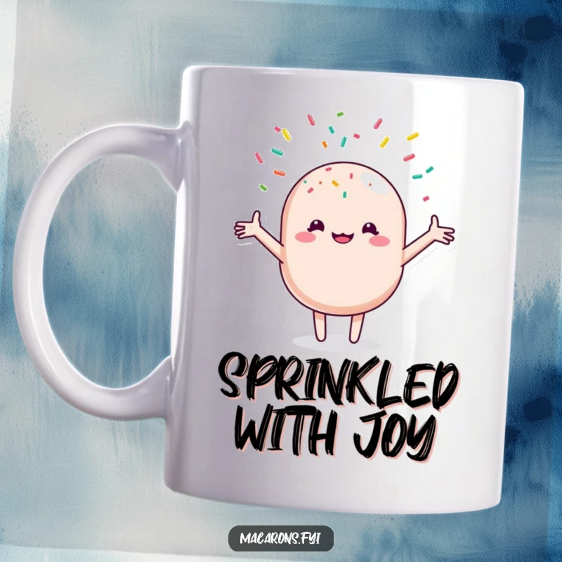 Funny macaron character with open arms joyfully receiving a cascade of colorful sprinkles on this delightful mug.