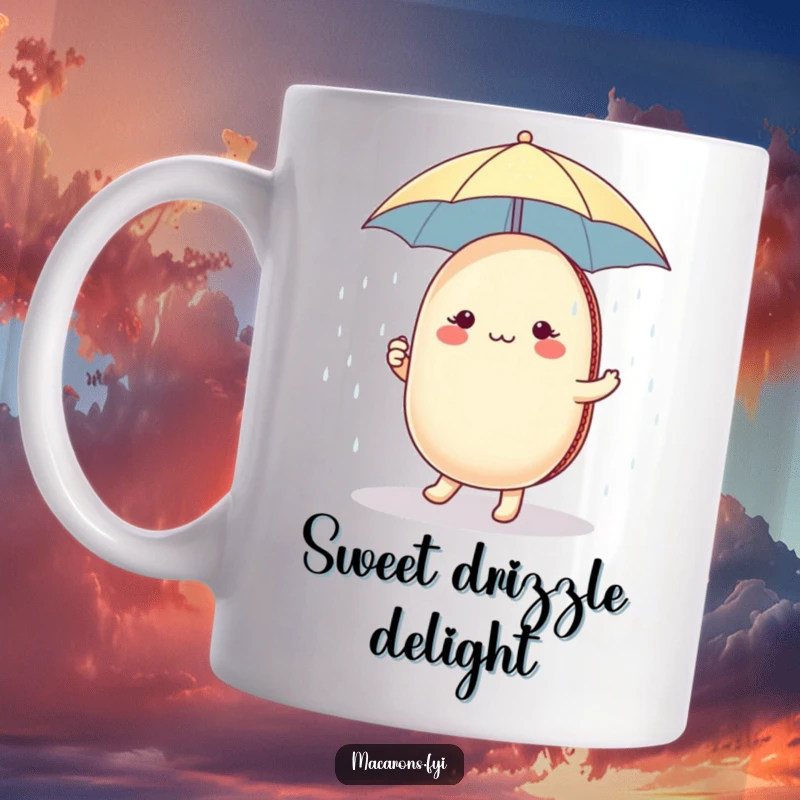 Funny macaron character holding a tiny umbrella, dancing joyfully in a shower of sugar, on a whimsical mug.