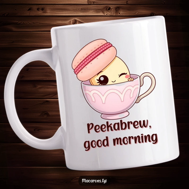 Funny macaron character peeking from behind a giant teacup, offering a charming wink, on a coffee mug.