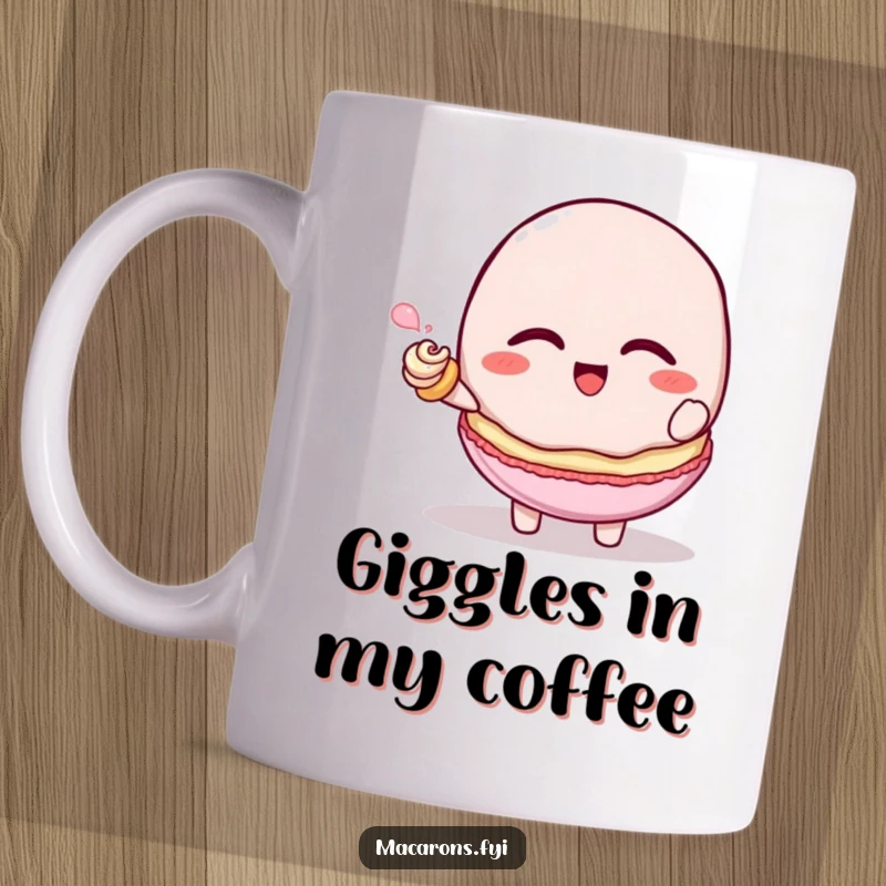 Funny macaron character giggling while being tickled by a tiny frosting swirl, mug design, perfect funny gift.