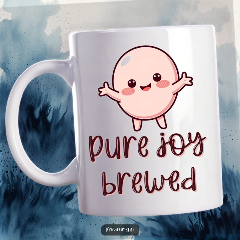 Funny macaron mug featuring a happy, blushing macaron character spinning with arms wide in delight.