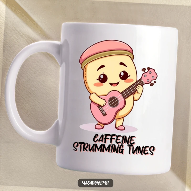 Funny macaron character with a goofy smile playing a tiny ukulele with great enthusiasm on a coffee mug.
