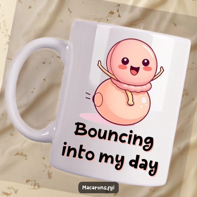 Funny peppy macaron character energetically riding a small bouncy ball, symbolizing fun and excitement on a coffee mug.