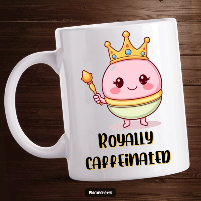 Funny smiling macaron character wearing a tiny crown and holding a golden scepter on a mug, exuding royal charm.