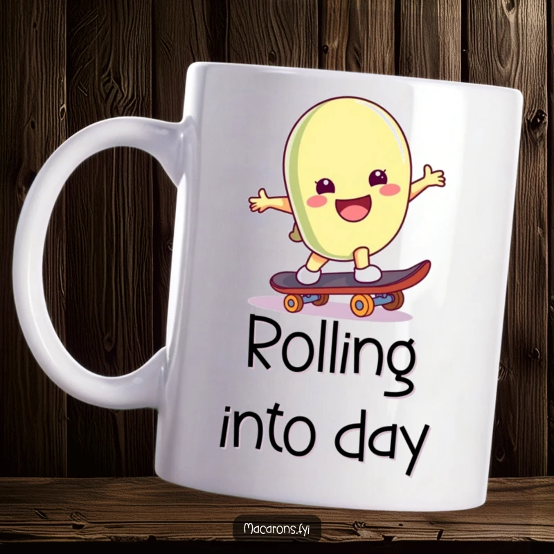 Funny macaron character smiling big while doing a playful trick on a skateboard, on a coffee mug.