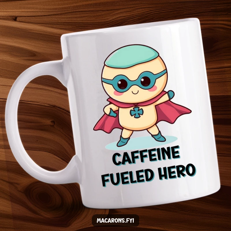 Funny superhero macaron mug striking a dramatic pose with capes flowing, a heroic and humorous gift.