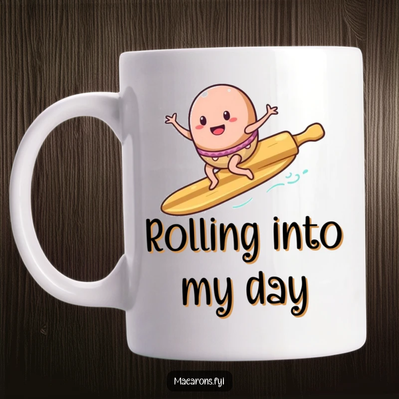 Funny Macaron Mug: An enthusiastic macaron character rides a rolling pin like a surfboard, appearing to surf with great excitement.
