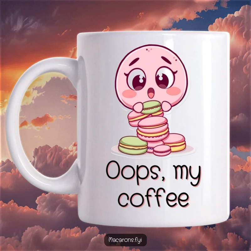Funny surprised macaron character with wide eyes, dropping a tower of macarons on a coffee mug.