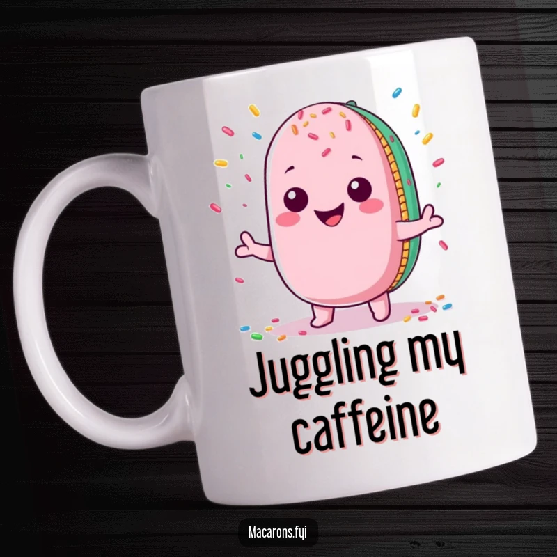Funny Macaron Mug: Cute Kawaii macaron character with a wide grin expertly juggling colorful sprinkles, exuding pure joy.