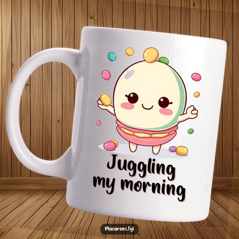 Funny macaron mug featuring a character juggling colorful candies with a wide, happy smile.