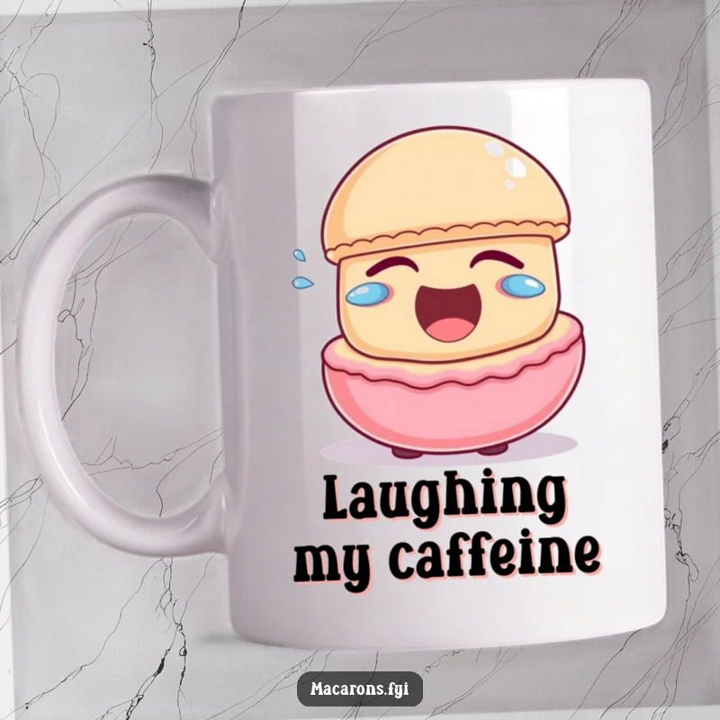 Funny macaron character laughing heartily with little joyful tears escaping, depicted on a cheerful coffee mug.