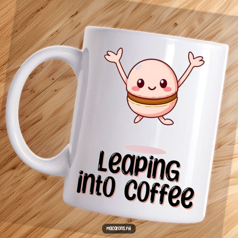 Funny Macaron Mug: Joyful Kawaii macaron character leaping high in the air with arms outstretched, embodying pure happiness.