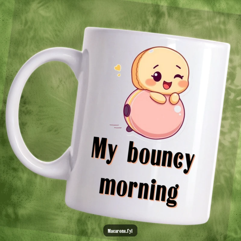 Funny macaron character winking mischievously while riding a bouncing ball with evident glee, featured on a fun mug.