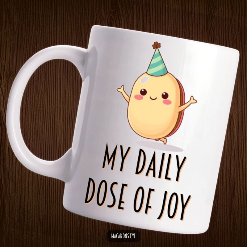 Funny macaron character in a party hat, joyfully jumping high, symbolizing celebration and playful energy on a coffee mug.