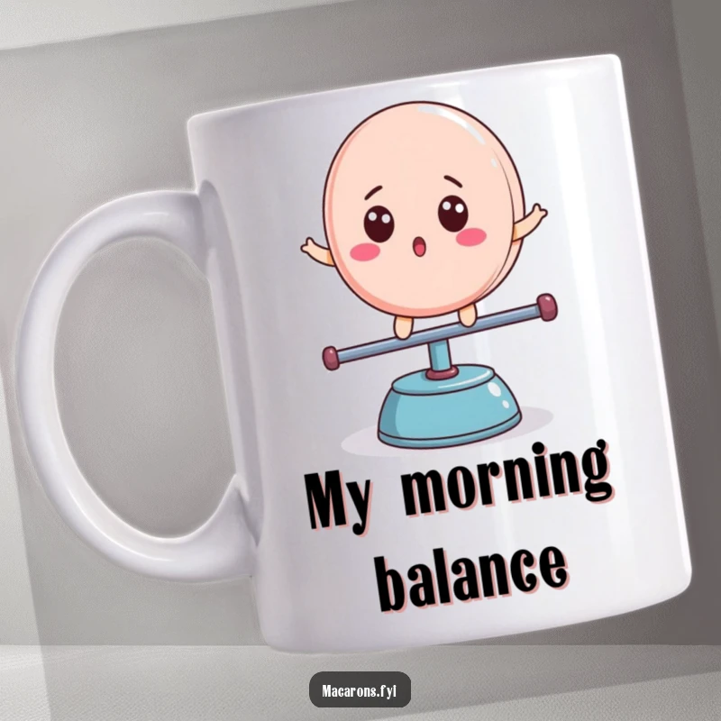 Funny macaron character with surprised expression, balancing on a teeter-totter, mug design, perfect funny gift.
