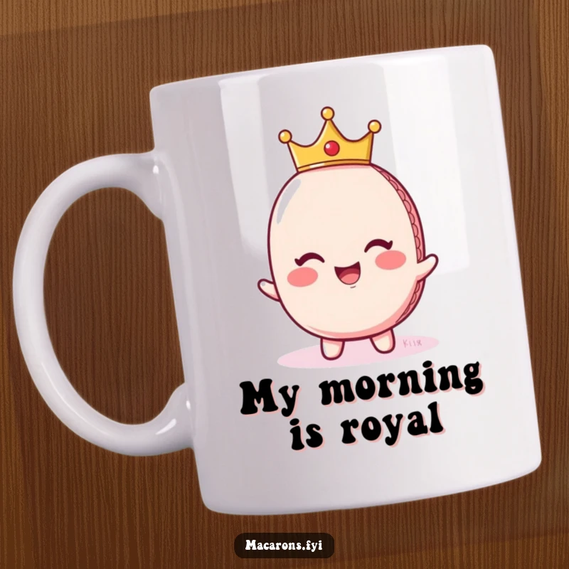 Funny giggling macaron character wearing a tiny crown, looking regal and amused, featured on a coffee mug for a royal touch.