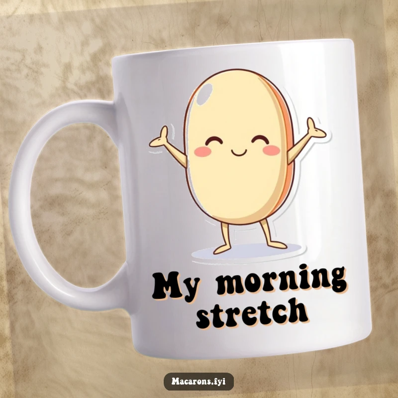 Funny macaron mug with a cute character striking a silly, legs and arms akimbo pose, radiating pure joy and lightheartedness.