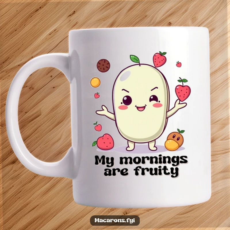 Funny Macaron Mug: A mischievous macaron character grins while skillfully juggling several tiny, colorful fruits in the air.
