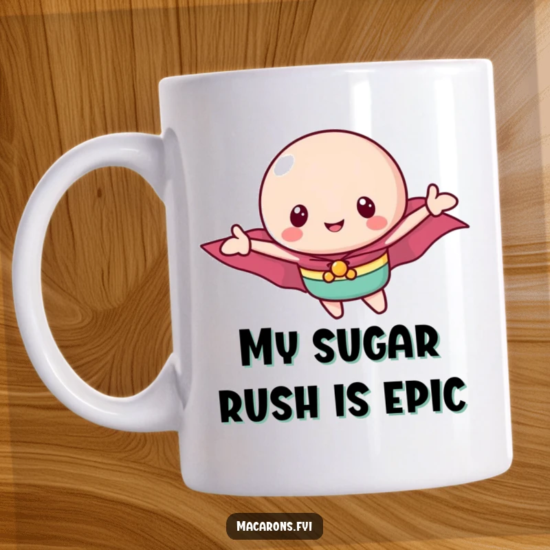 Funny macaron mug with tiny cape flying heroically through the air, conveying triumphant joy and sugary sweetness.