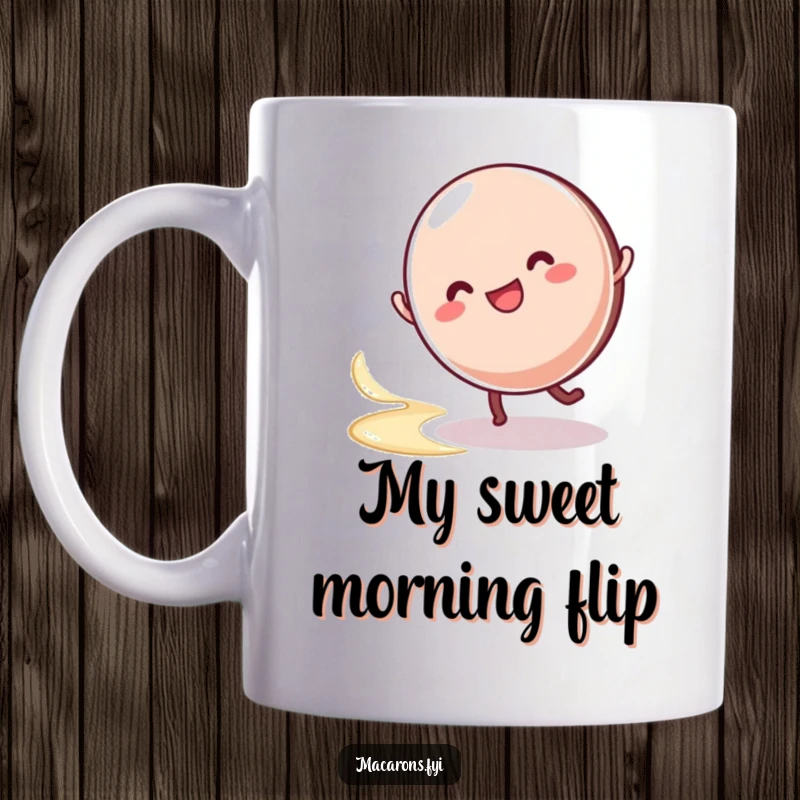 Funny macaron character doing a happy cartwheel, leaving a swirl of cream, capturing playful energy on a mug.