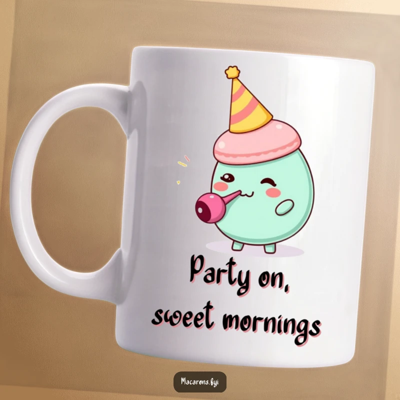 Funny macaron character in party hat comically blowing a tiny party blower on a mug, celebrating with joy.