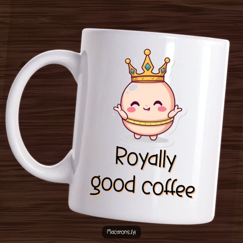 Funny macaron character wearing a small, tilted crown, striking a proud yet comical pose on a coffee mug.
