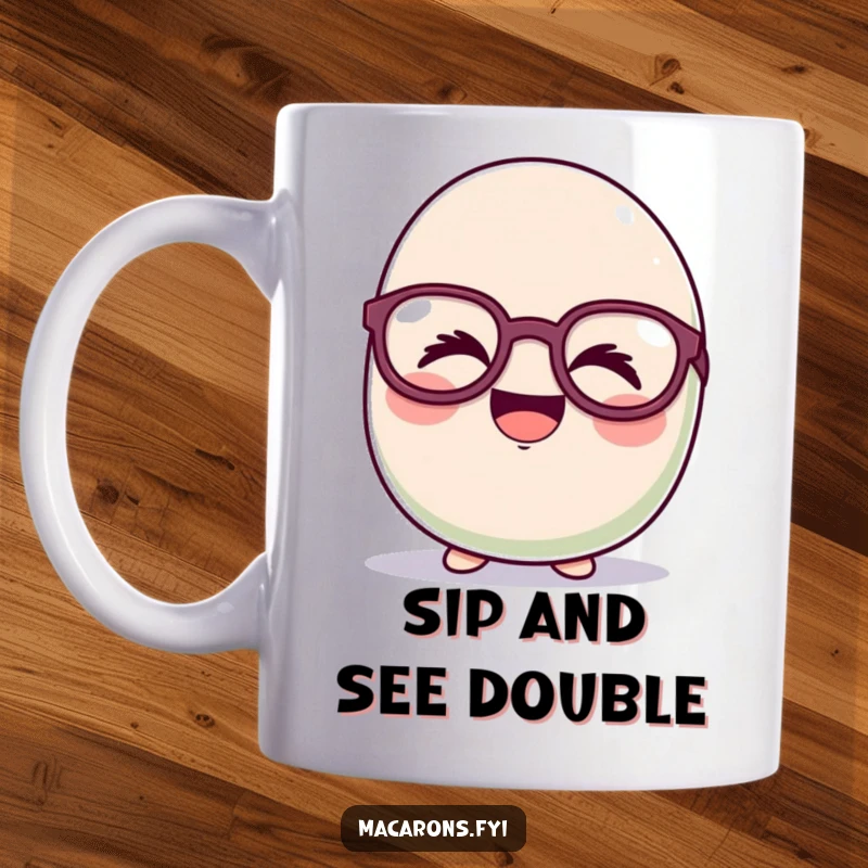Funny macaron character giggling uncontrollably while wearing comically oversized, thick-rimmed glasses on a coffee mug.