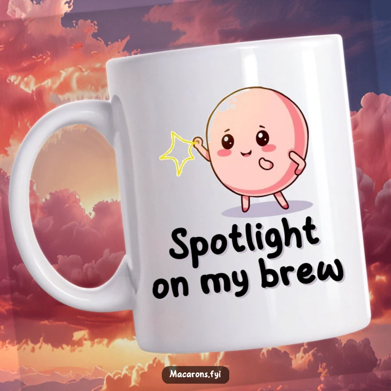 Funny macaron mug featuring a character striking a dramatic pose, bathed in the glow of a spotlight.