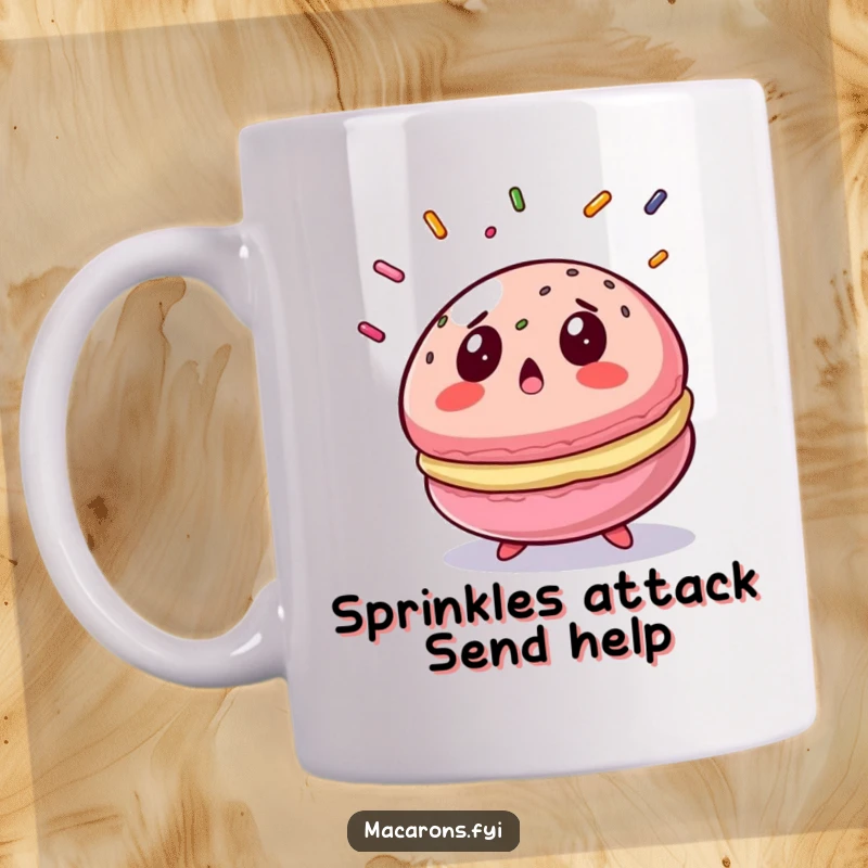 Funny macaron mug with a shocked expression watching sprinkles fall, a delightful and humorous gift.