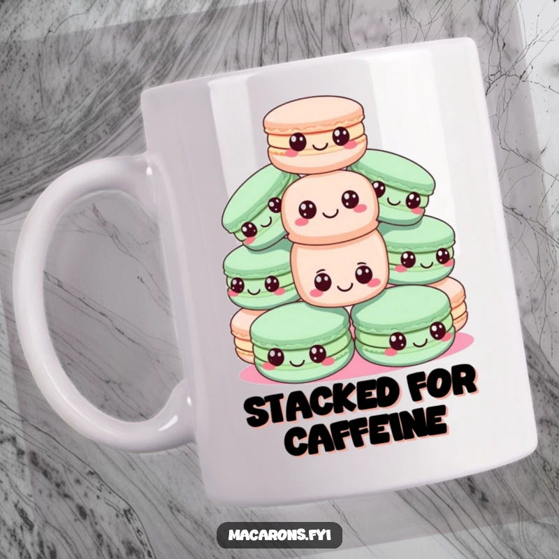 Funny mug featuring a pyramid of happy macarons with wide eyes, one precariously balanced, depicting sweet, unstable joy.