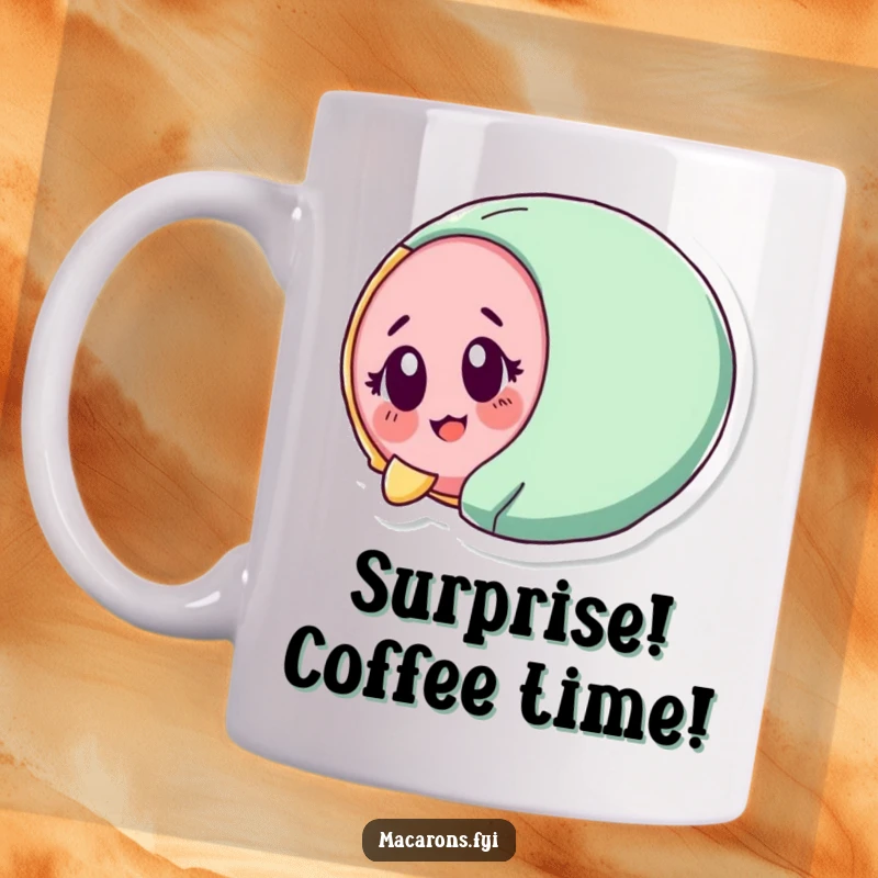 Funny macaron character hilariously tumbling with wide eyes and a look of surprised delight on this mug.