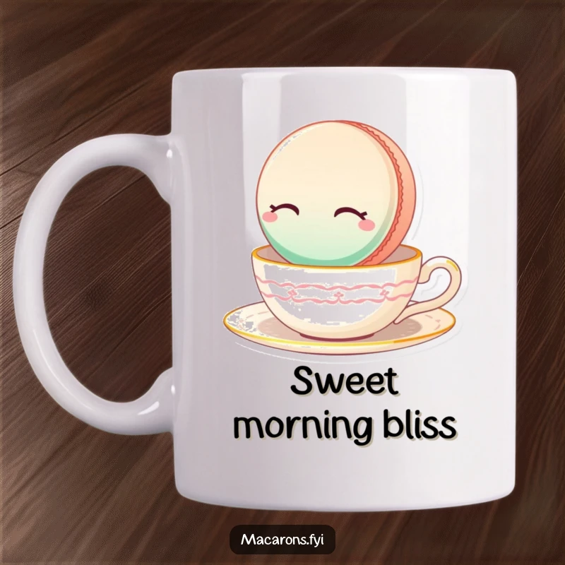 Funny Macaron Mug featuring a blissful macaron peacefully floating with eyes closed on a teacup's surface.