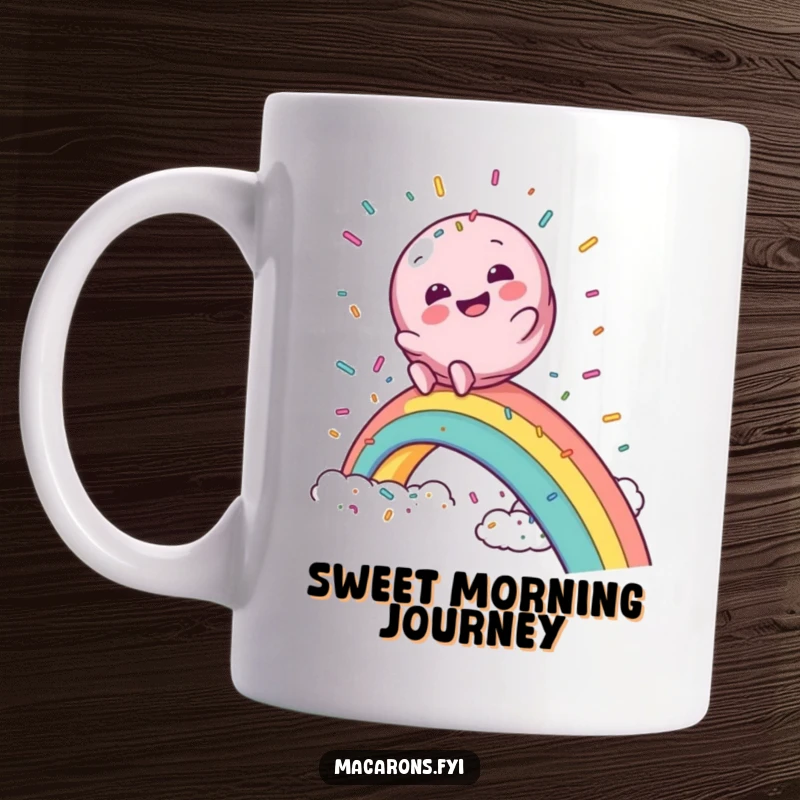Funny macaron mug showing a macaron character gleefully sliding down a rainbow into a cloud of sprinkles.