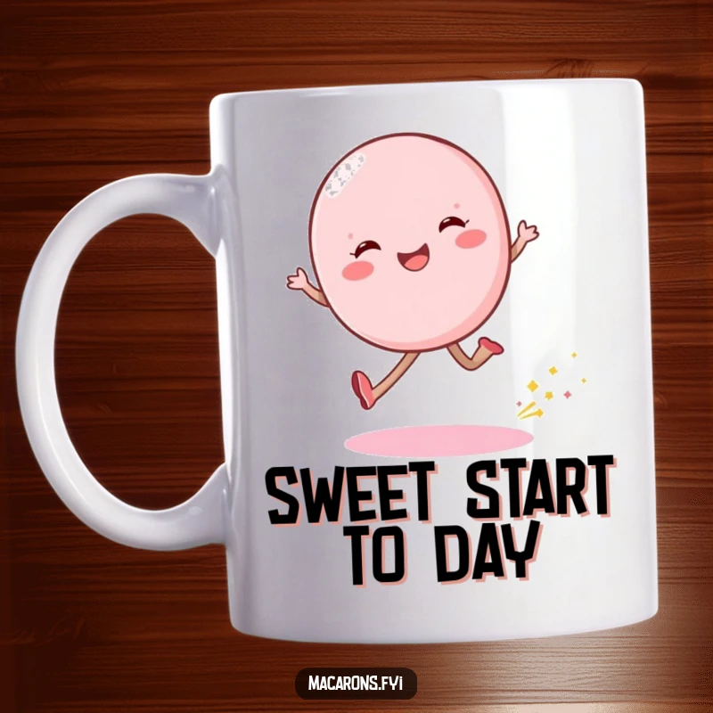 Funny macaron character joyfully skipping, leaving a trail of shimmering dust, on a delightful coffee mug.