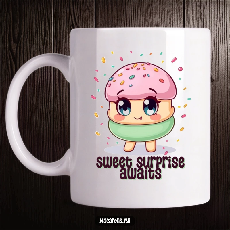 Funny macaron character with wide eyes, joyfully surprised by a colorful shower of confetti, on a cheerful mug.