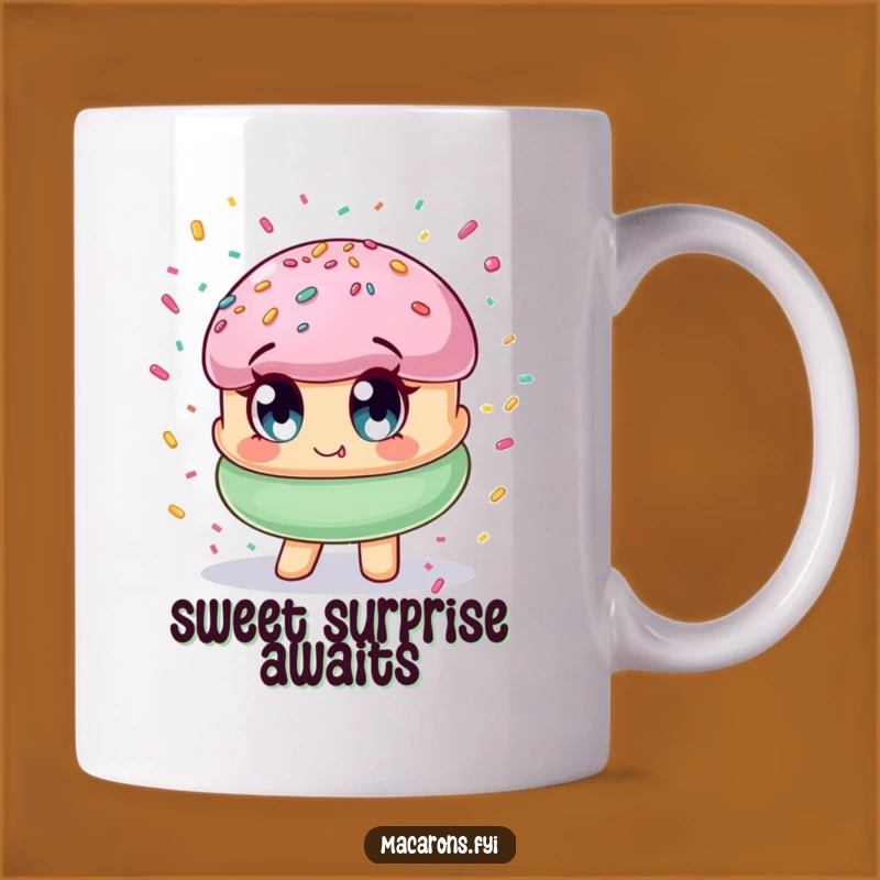 Funny Macaron Confetti Mug: Wide-Eyed Joyful Treat for Sweet Humor Lovers