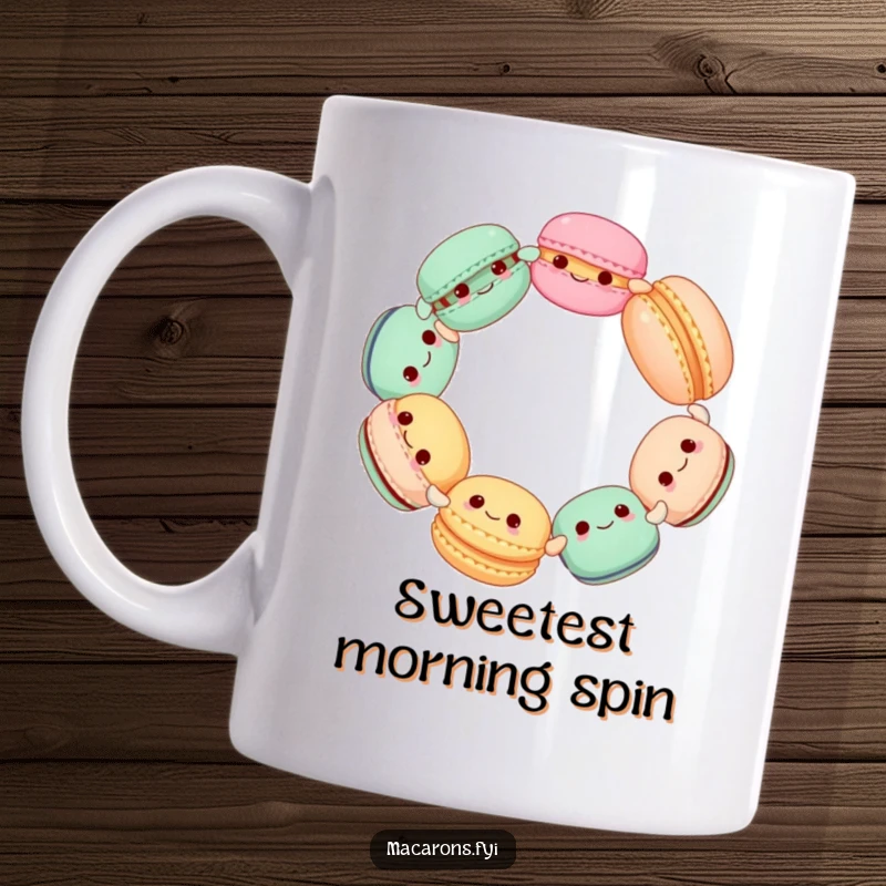 Funny Macaron Circle Mug, cute macarons holding hands and spinning joyfully in a sweet, happy dance, perfect gift.