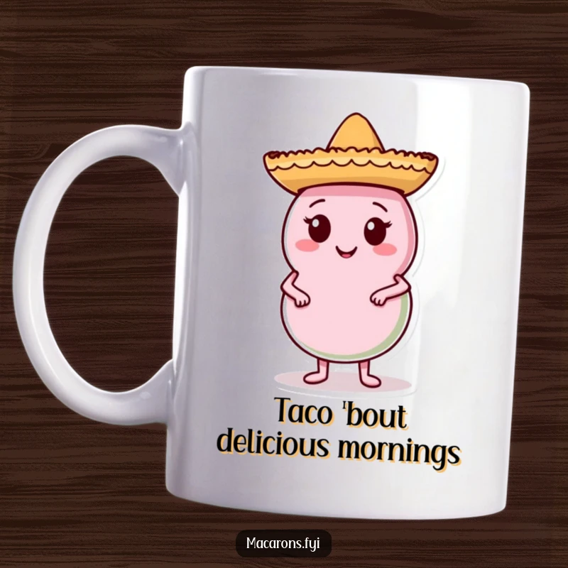 Funny Macaron Mug with a tiny sombrero, posing confidently, a festive and humorous addition to any kitchen, perfect for coffee or tea lovers.