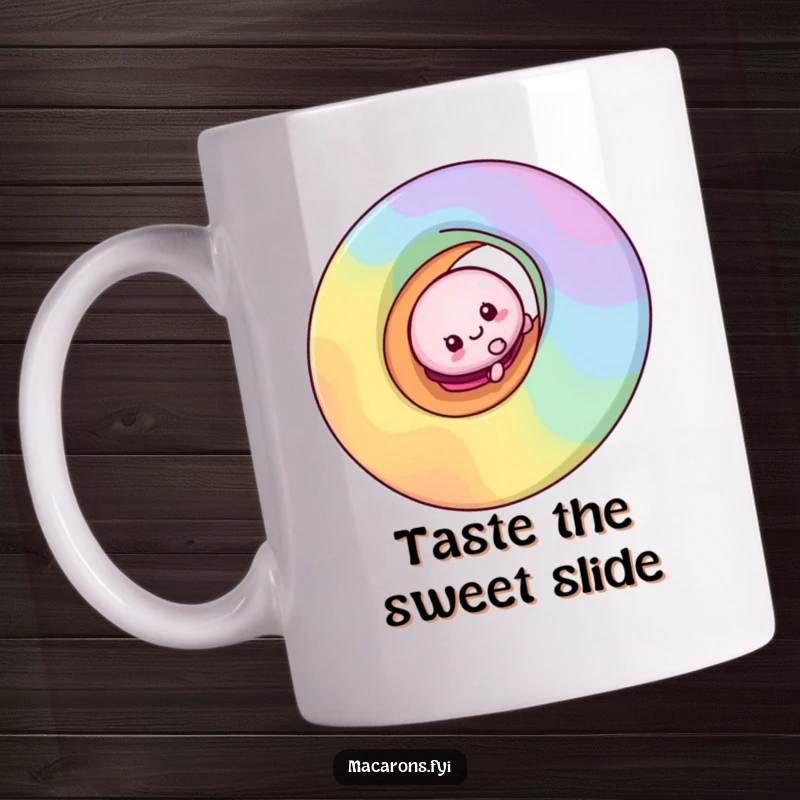 Funny macaron character joyfully sliding down a vibrant rainbow swirl, depicted on a ceramic mug, bringing colorful fun.