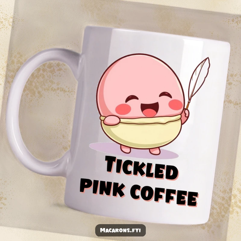 Funny Kawaii macaron character laughing uncontrollably while being tickled by a feather on this humorous mug.