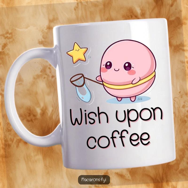 Funny macaron mug showing a macaron character with sparkling eyes catching a floating star with a small net.
