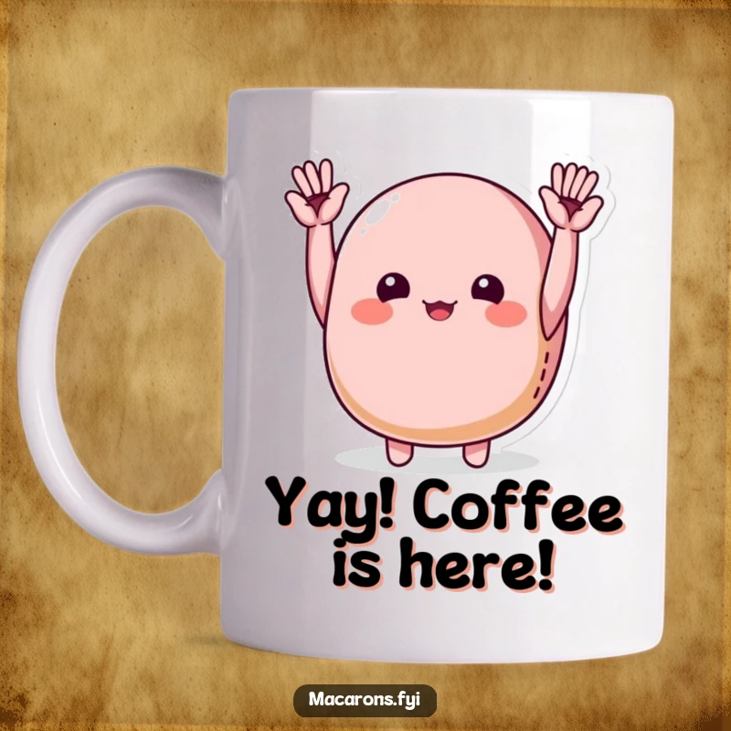 Funny macaron character joyfully cheering with tiny hands raised high in excitement on this mug.