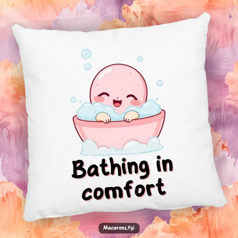A happy macaron character is relaxing in a bubbly bath on a soft, comfortable pillow.