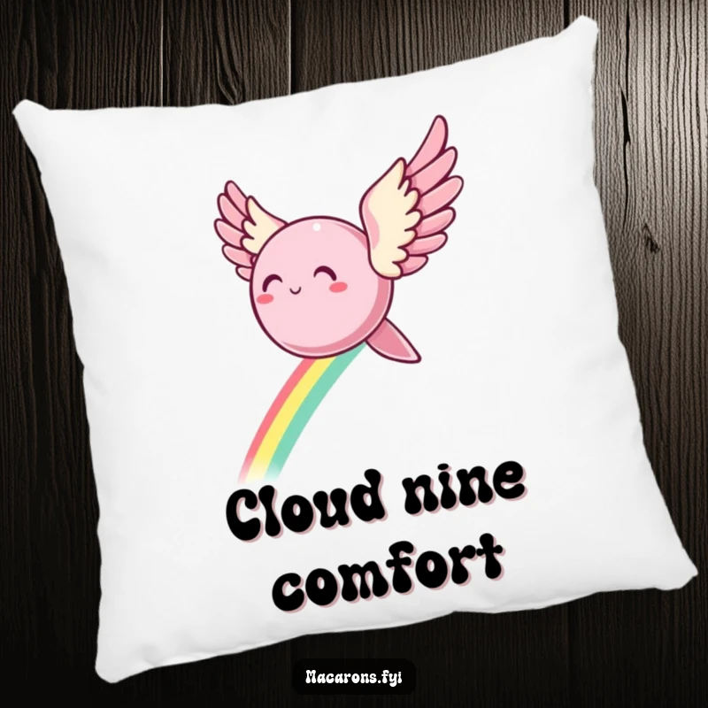 Funny Pillow: A cozy cushion displays a macaron with wings soaring gracefully, trailing a vibrant rainbow, adding magic to any room.