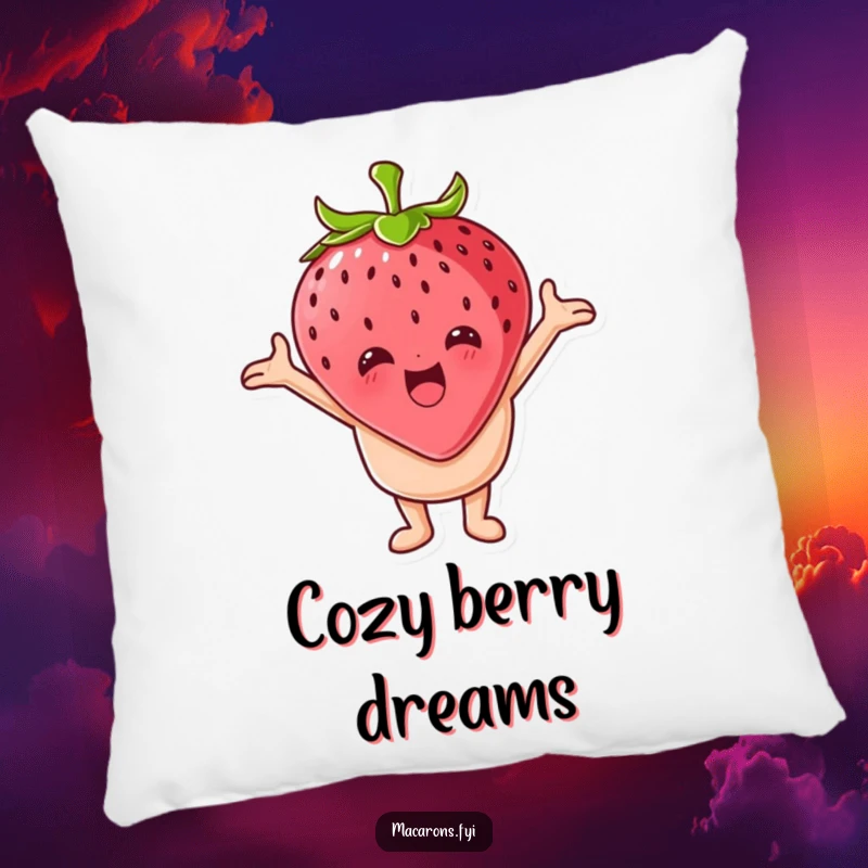 Funny macaron character embracing a giant strawberry on a soft pillow, bringing sweet comfort and humor to living spaces.