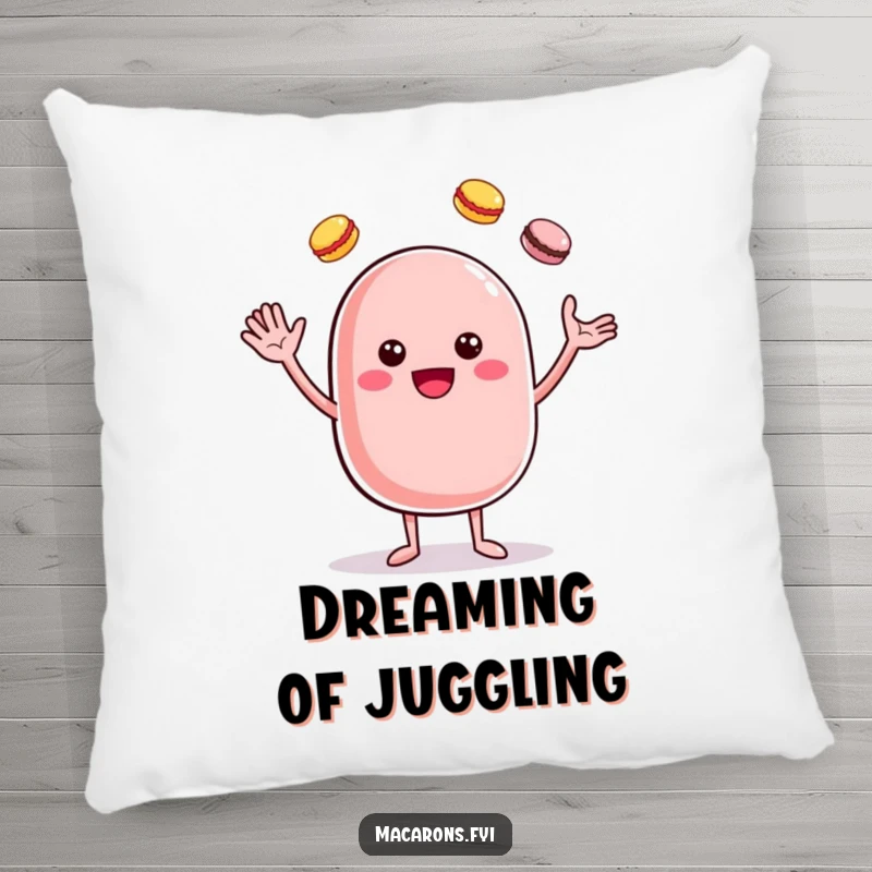 Funny cheerful macaron character juggling small macarons, designed for a soft and decorative pillow.
