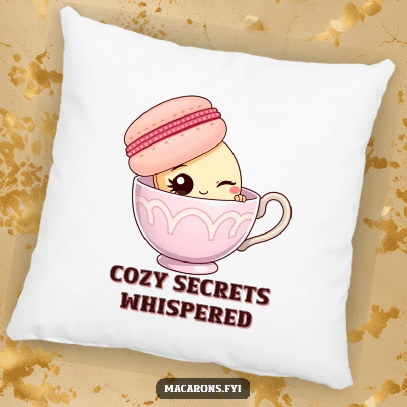 Funny macaron character peeking from behind a giant teacup, winking, featured on a plush decorative pillow.