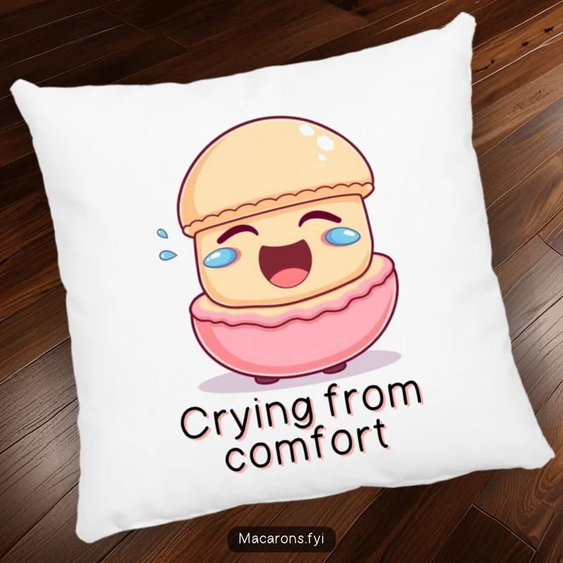 Funny macaron character laughing heartily with little joyful tears escaping, featured on a plush decorative pillow.