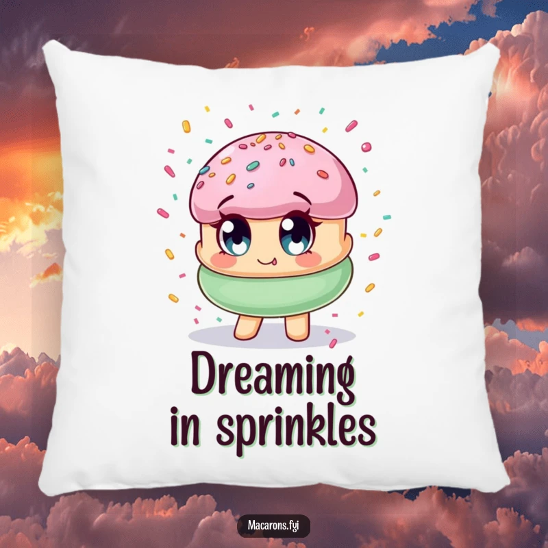 Plush pillow showcasing a funny macaron character with wide eyes amidst a delightful explosion of colorful confetti.
