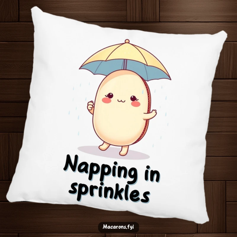 Plush pillow featuring a funny macaron character holding a tiny umbrella, dancing in a delightful sugar shower.